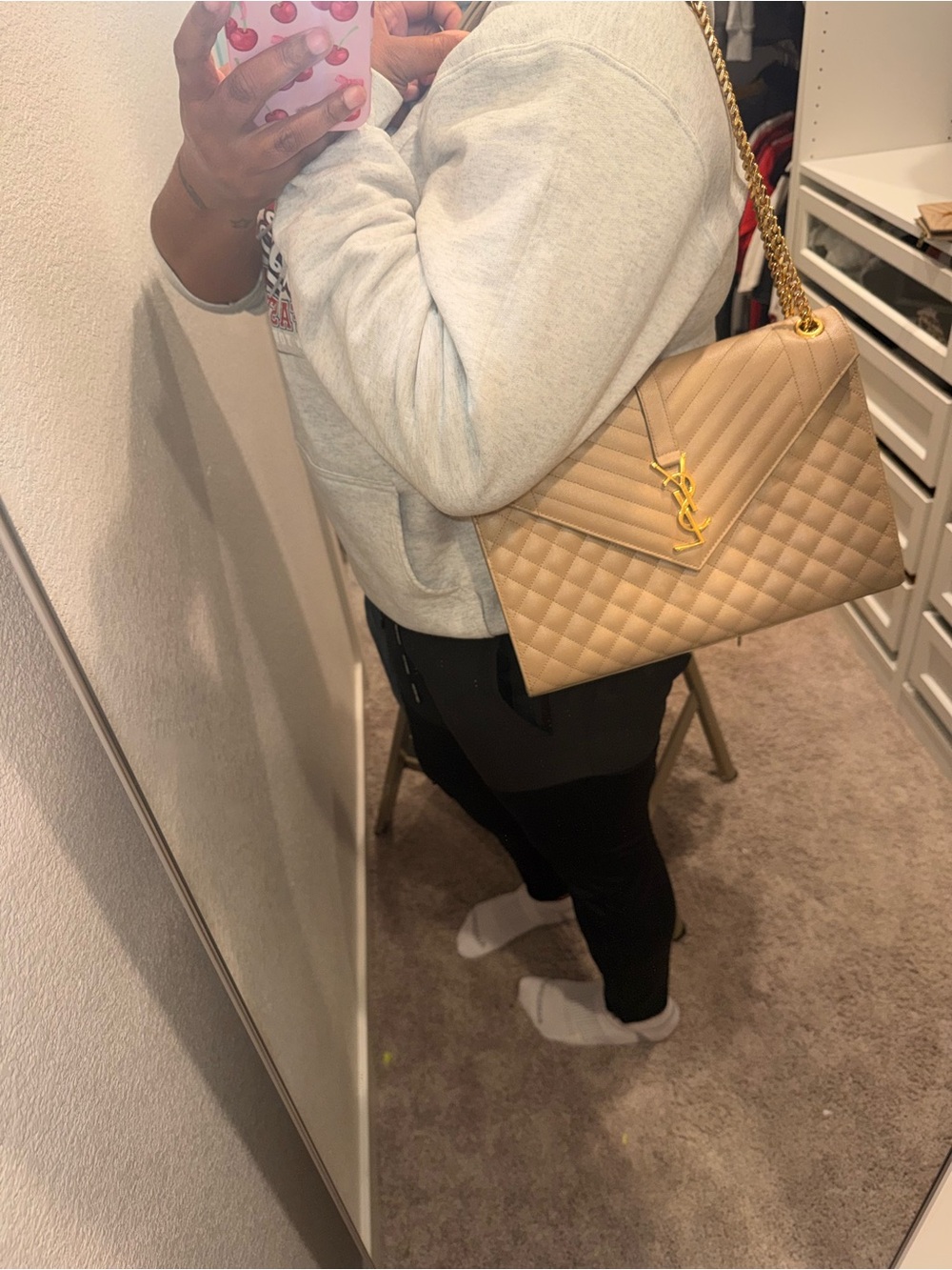Saint Laurent Beige Quilted Leather Shoulder Bag with Gold YSL Logo - Picture 10 of 10